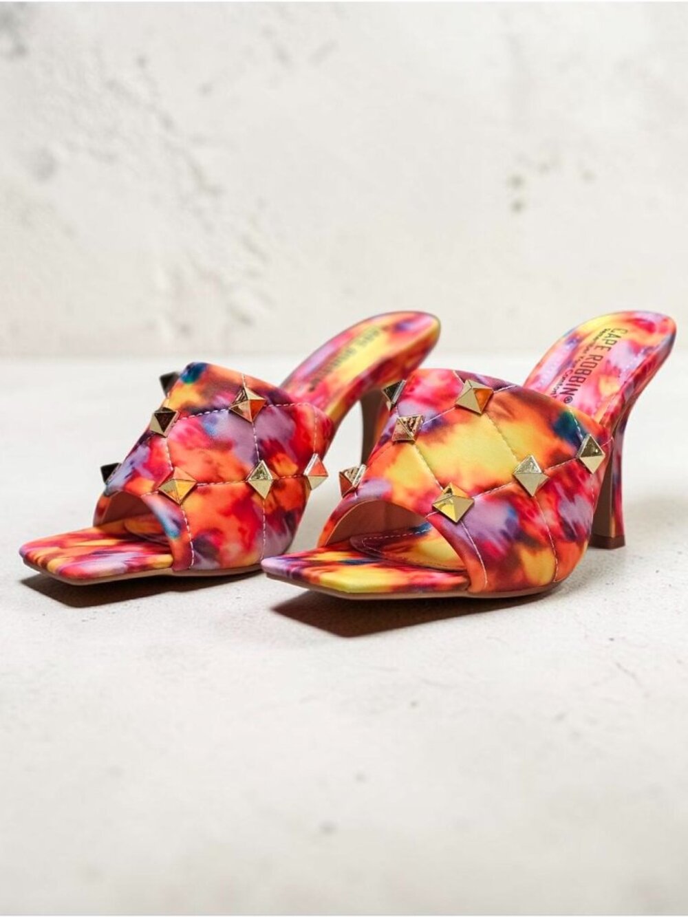 Colorful Tie-Dye Studded High Heel Mules With Quilted Detail & Open Toe Design F